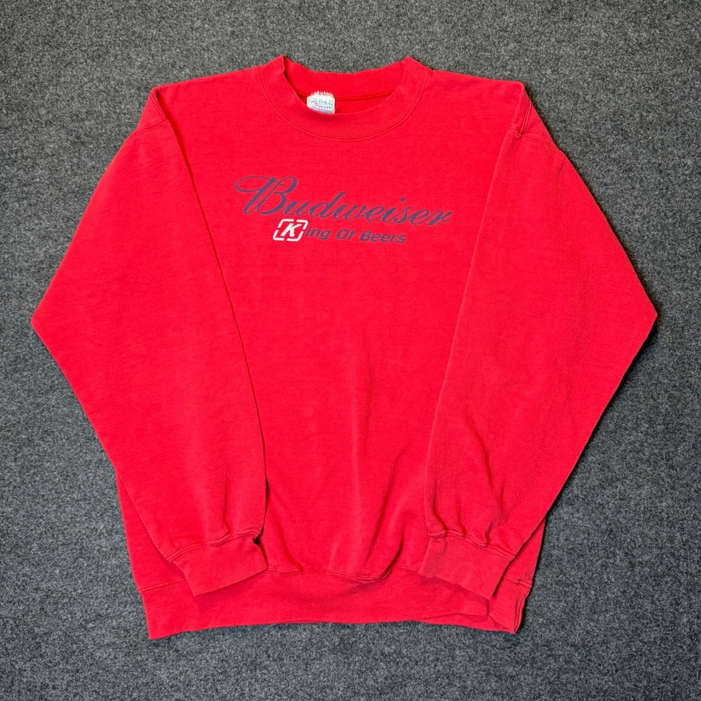 Vtg Budweiser Sweatshirt Mens M Red King of Beers Distressed Graphic Pullover